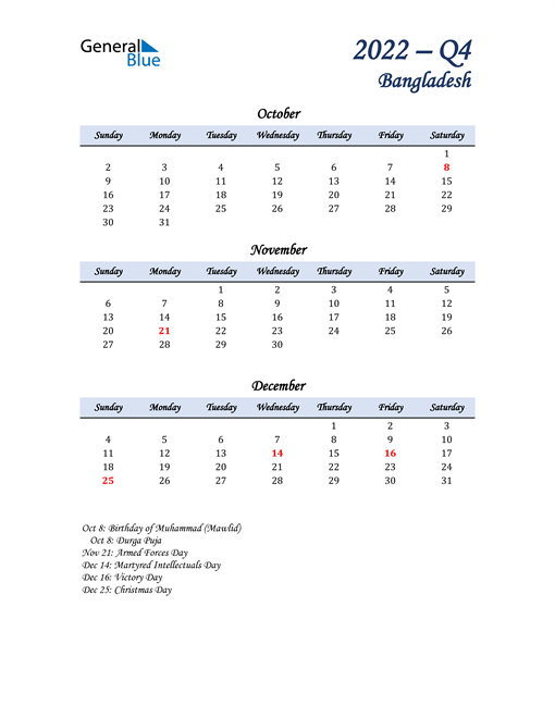  October, November, and December Calendar for Bangladesh