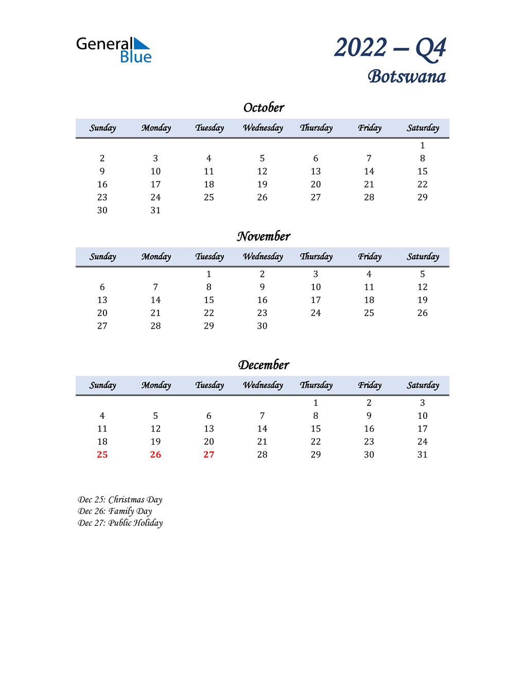  October, November, and December Calendar for Botswana