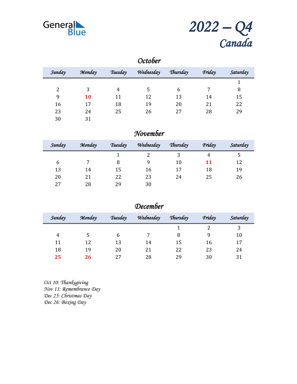  October, November, and December Calendar for Canada