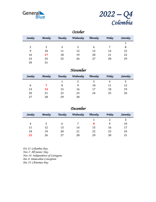  October, November, and December Calendar for Colombia