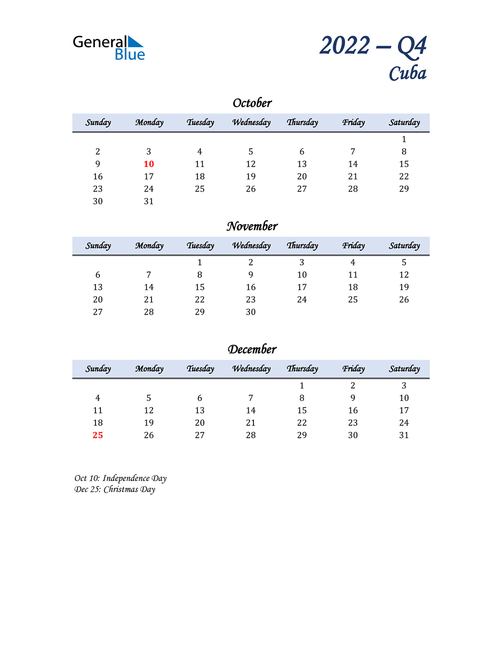  October, November, and December Calendar for Cuba