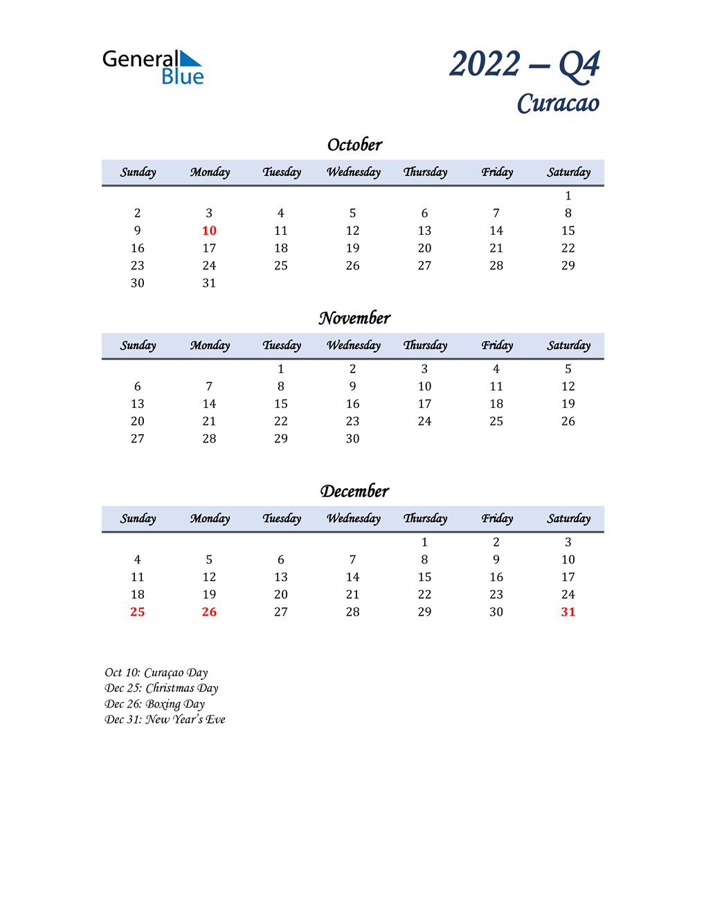  October, November, and December Calendar for Curacao