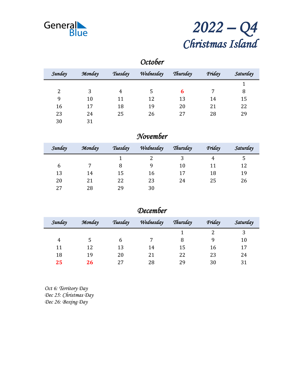  October, November, and December Calendar for Christmas Island