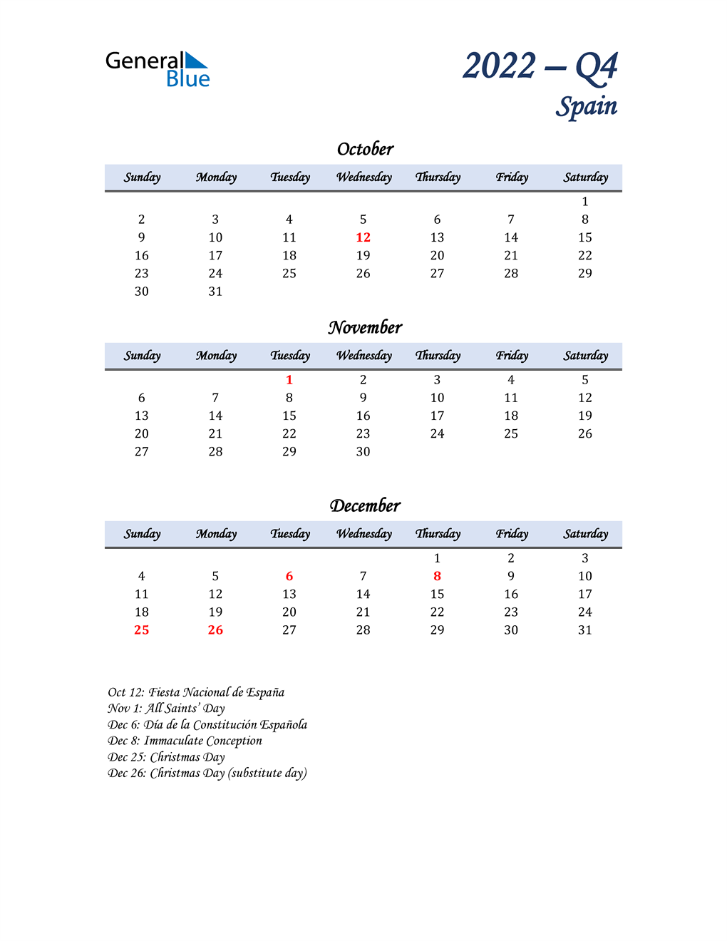  October, November, and December Calendar for Spain