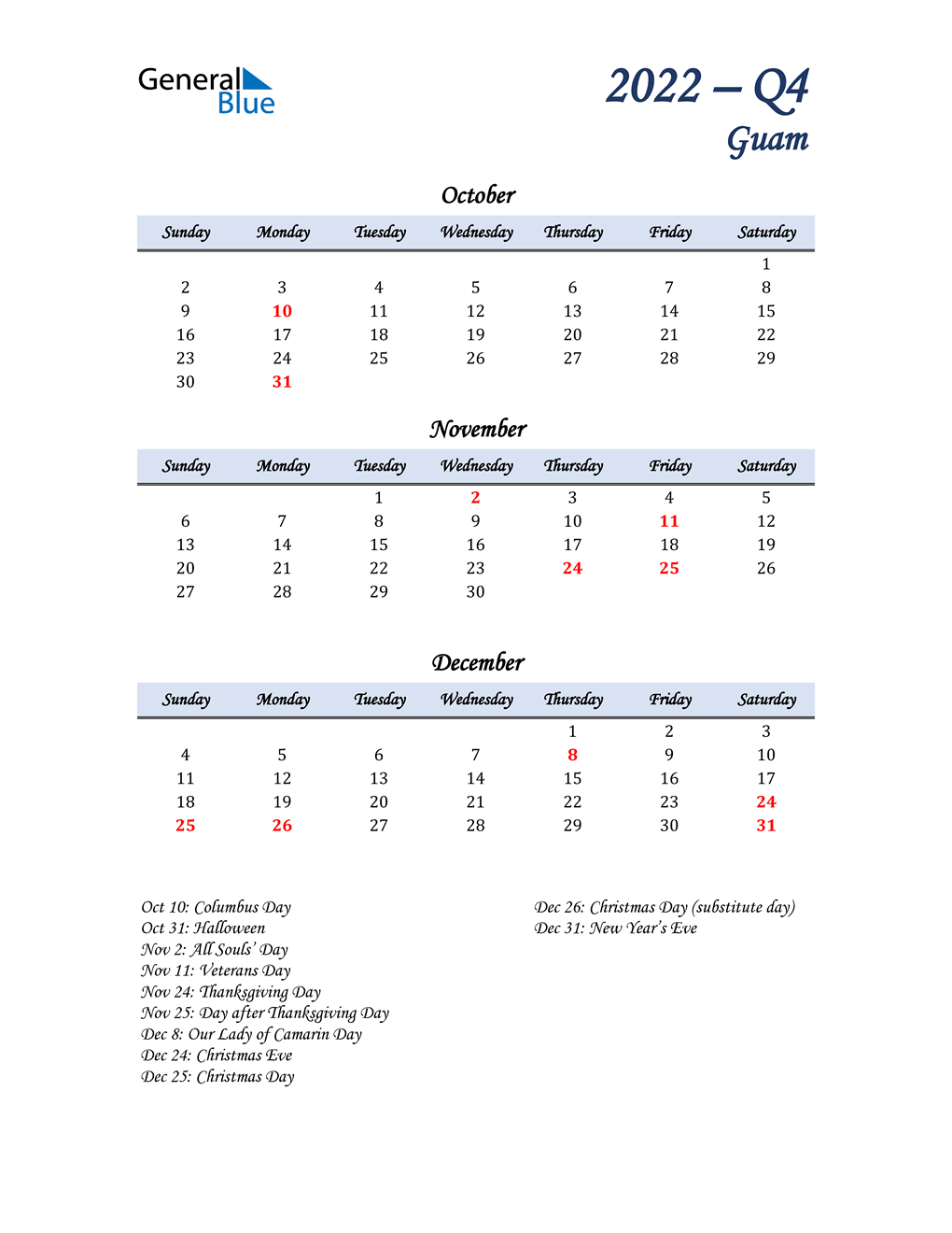  October, November, and December Calendar for Guam
