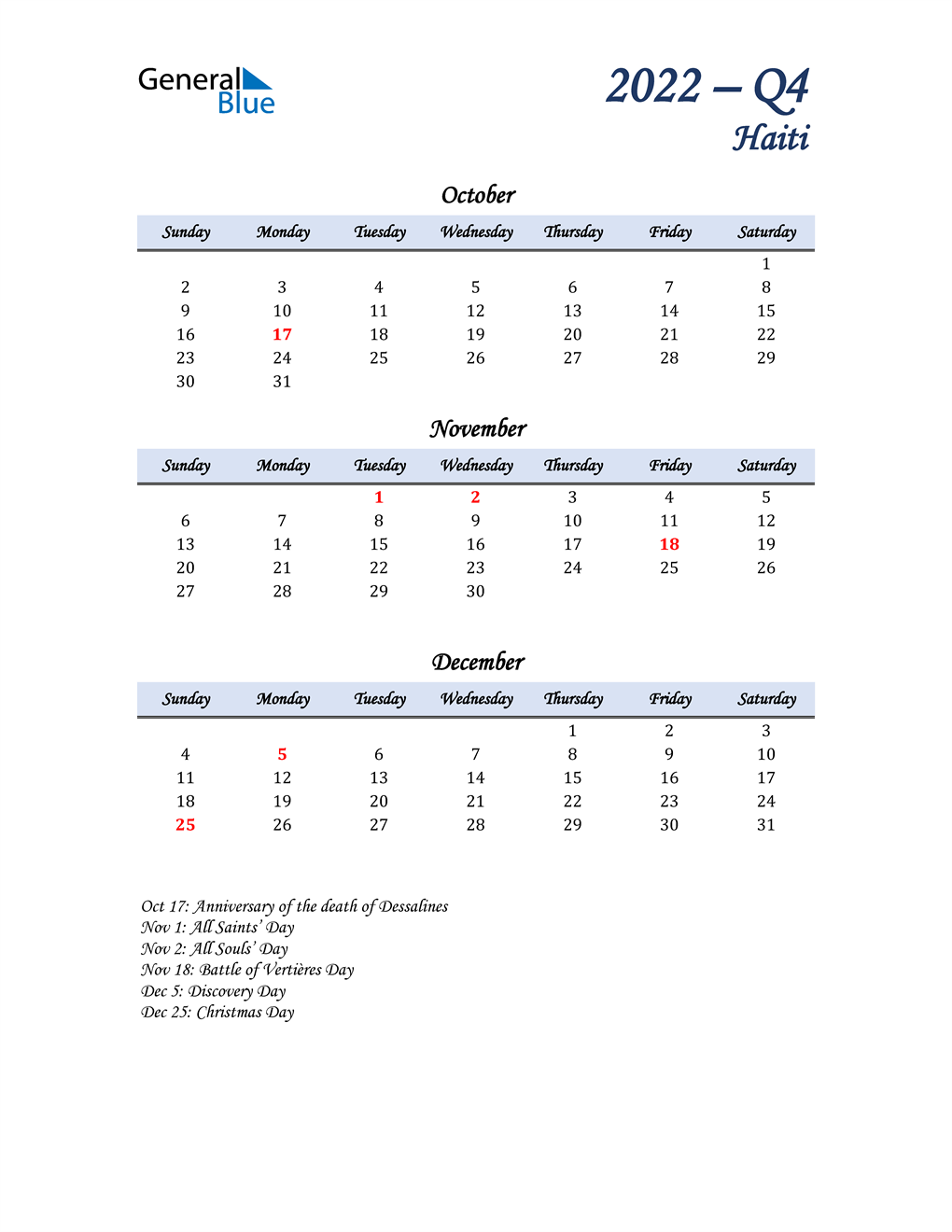  October, November, and December Calendar for Haiti