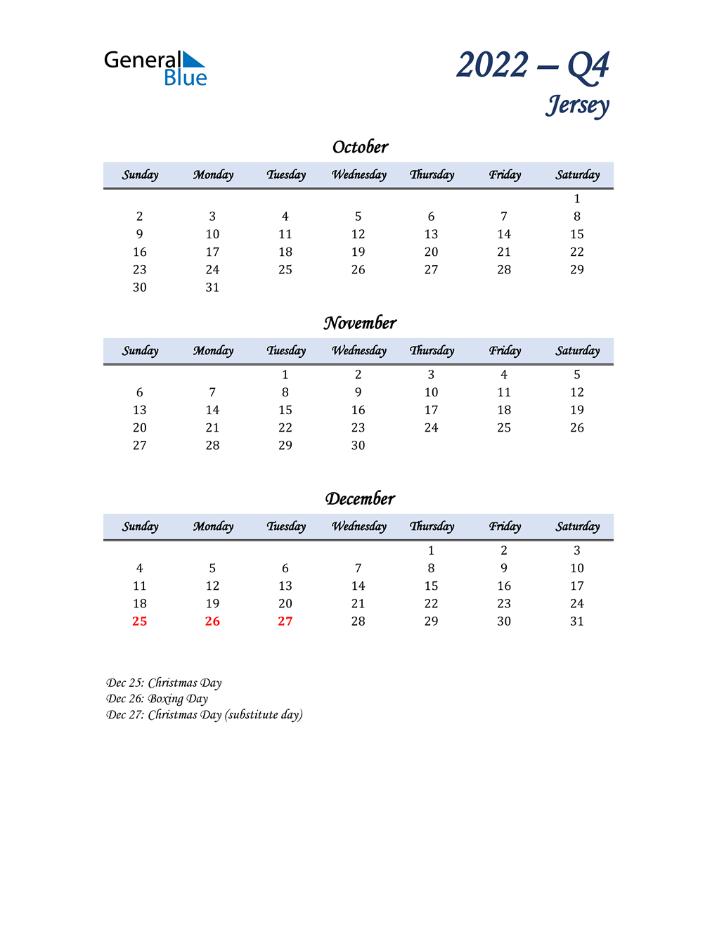  October, November, and December Calendar for Jersey