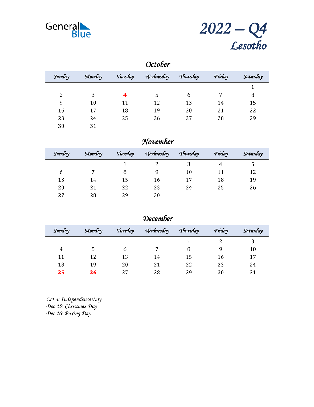  October, November, and December Calendar for Lesotho