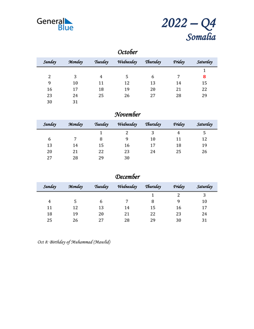  October, November, and December Calendar for Somalia