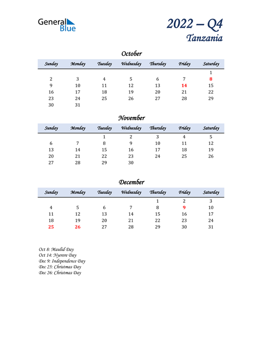  October, November, and December Calendar for Tanzania