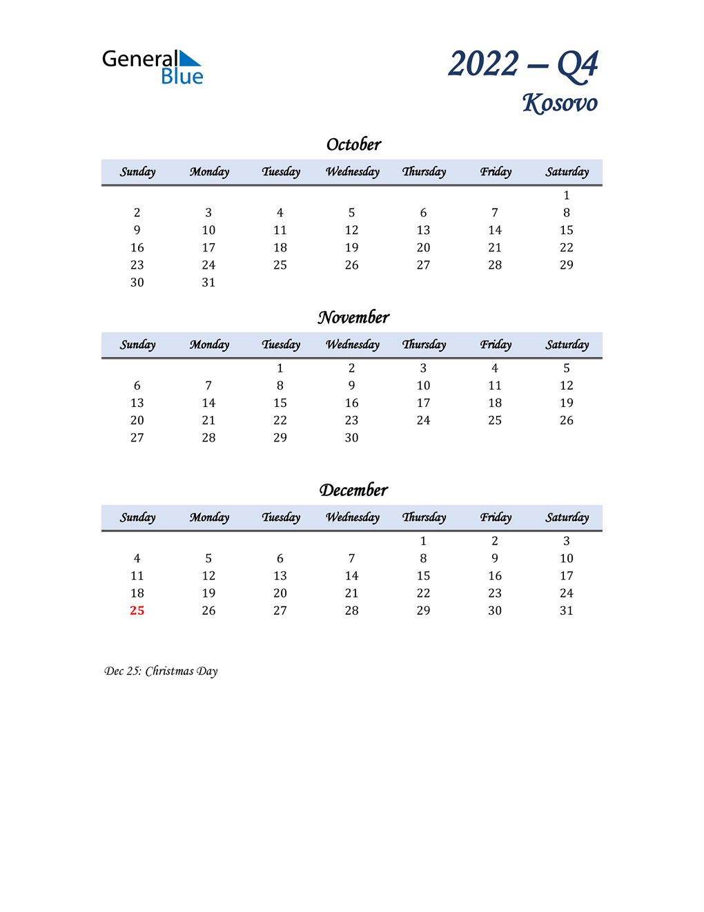  October, November, and December Calendar for Kosovo