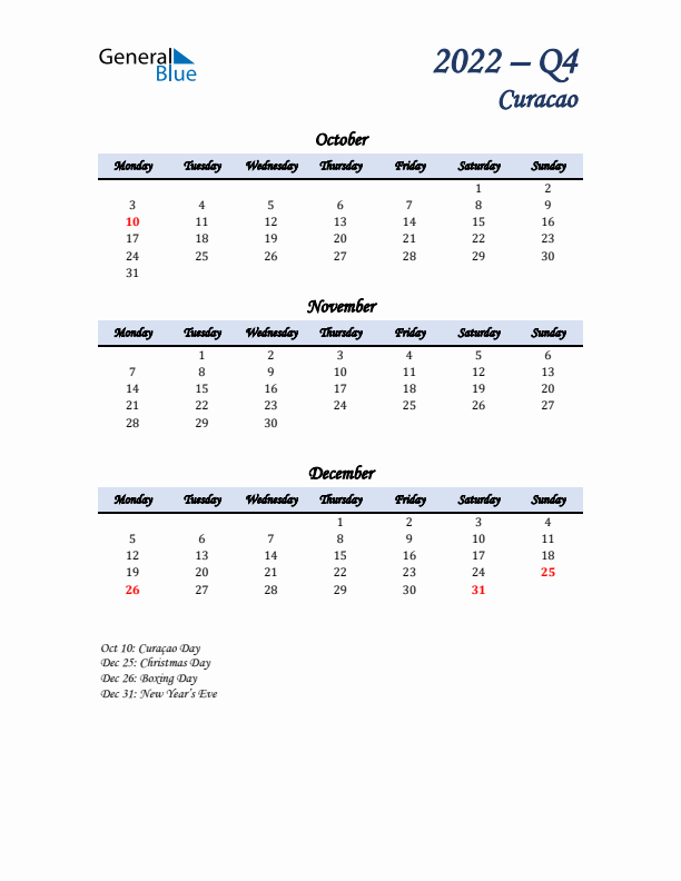 October, November, and December Calendar for Curacao with Monday Start