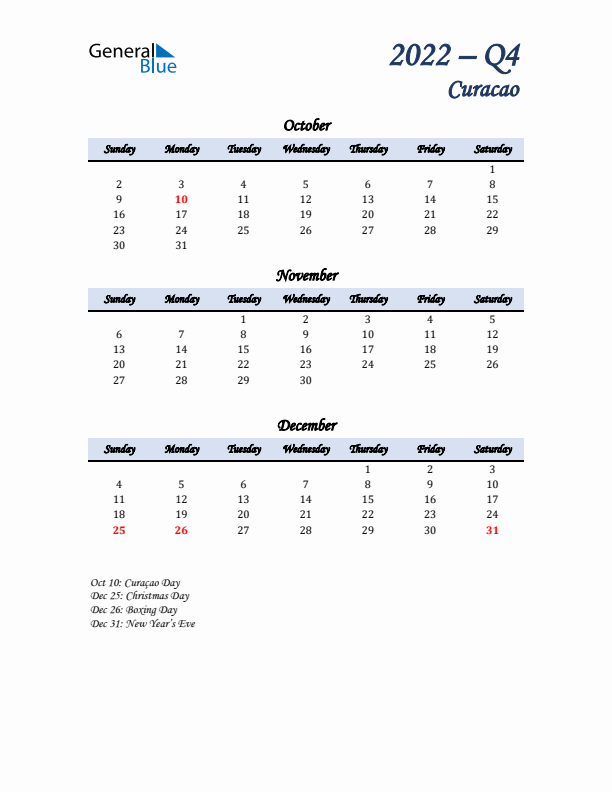 October, November, and December Calendar for Curacao with Sunday Start