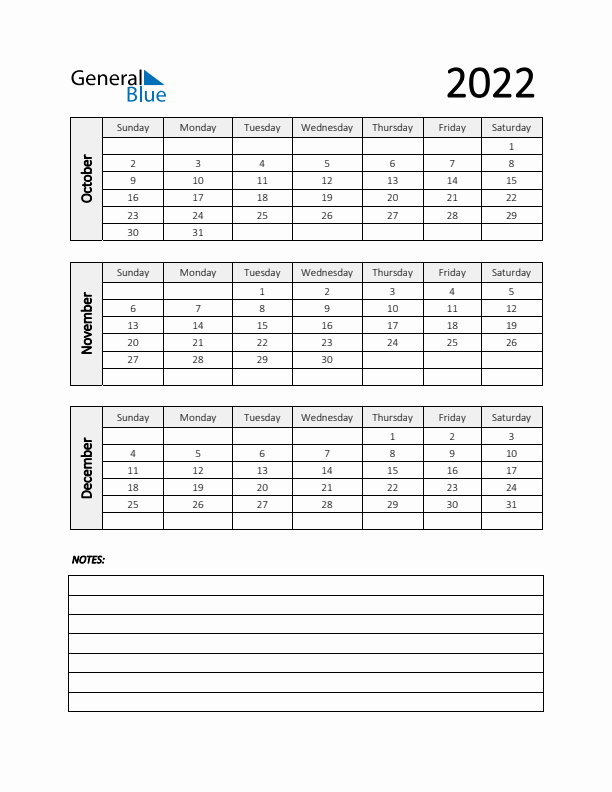 Q4 2022 Calendar with Notes