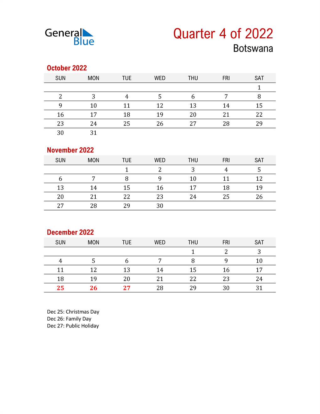  Printable Three Month Calendar for Botswana
