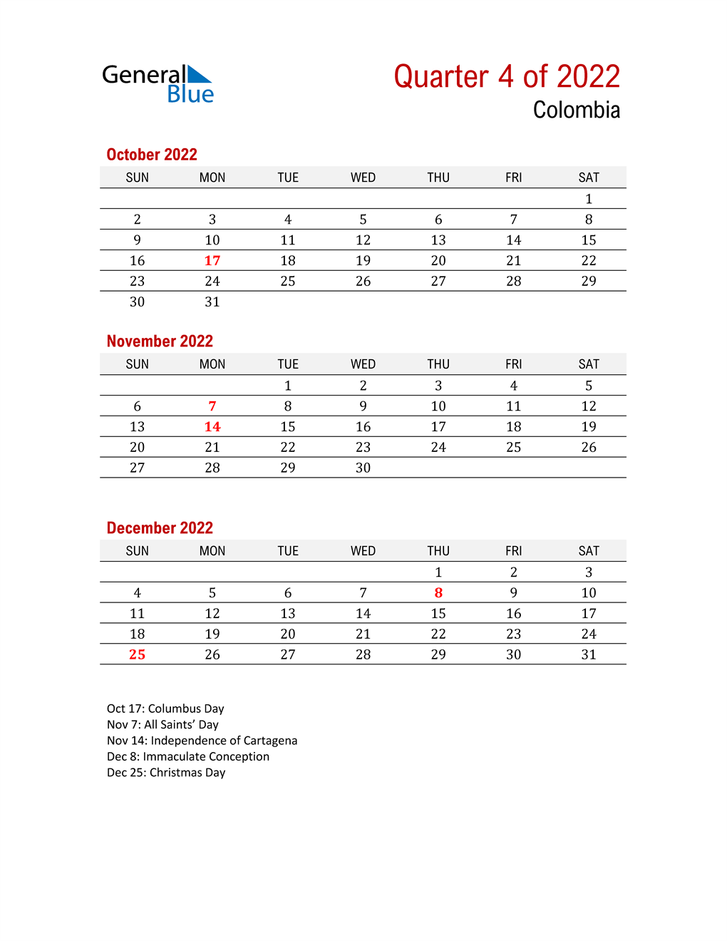  Printable Three Month Calendar for Colombia