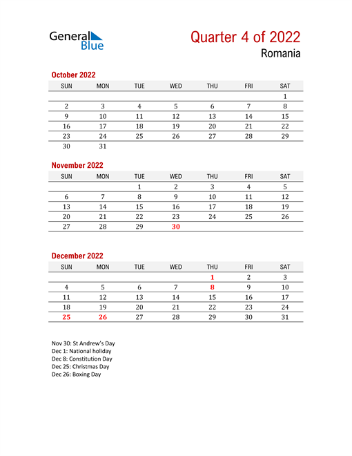  Printable Three Month Calendar for Romania
