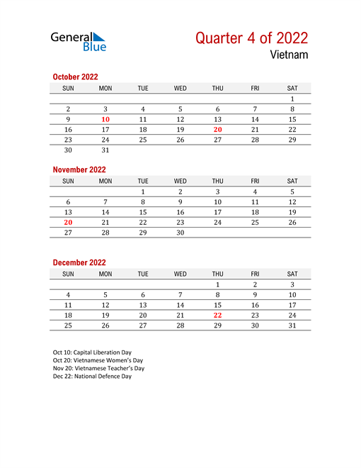  Printable Three Month Calendar for Vietnam