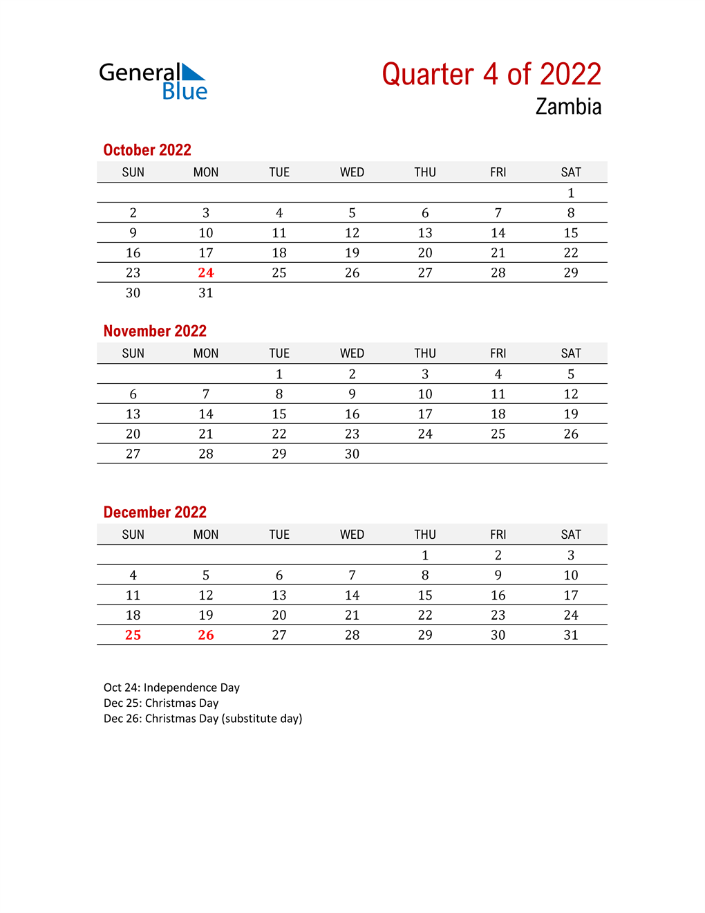  Printable Three Month Calendar for Zambia
