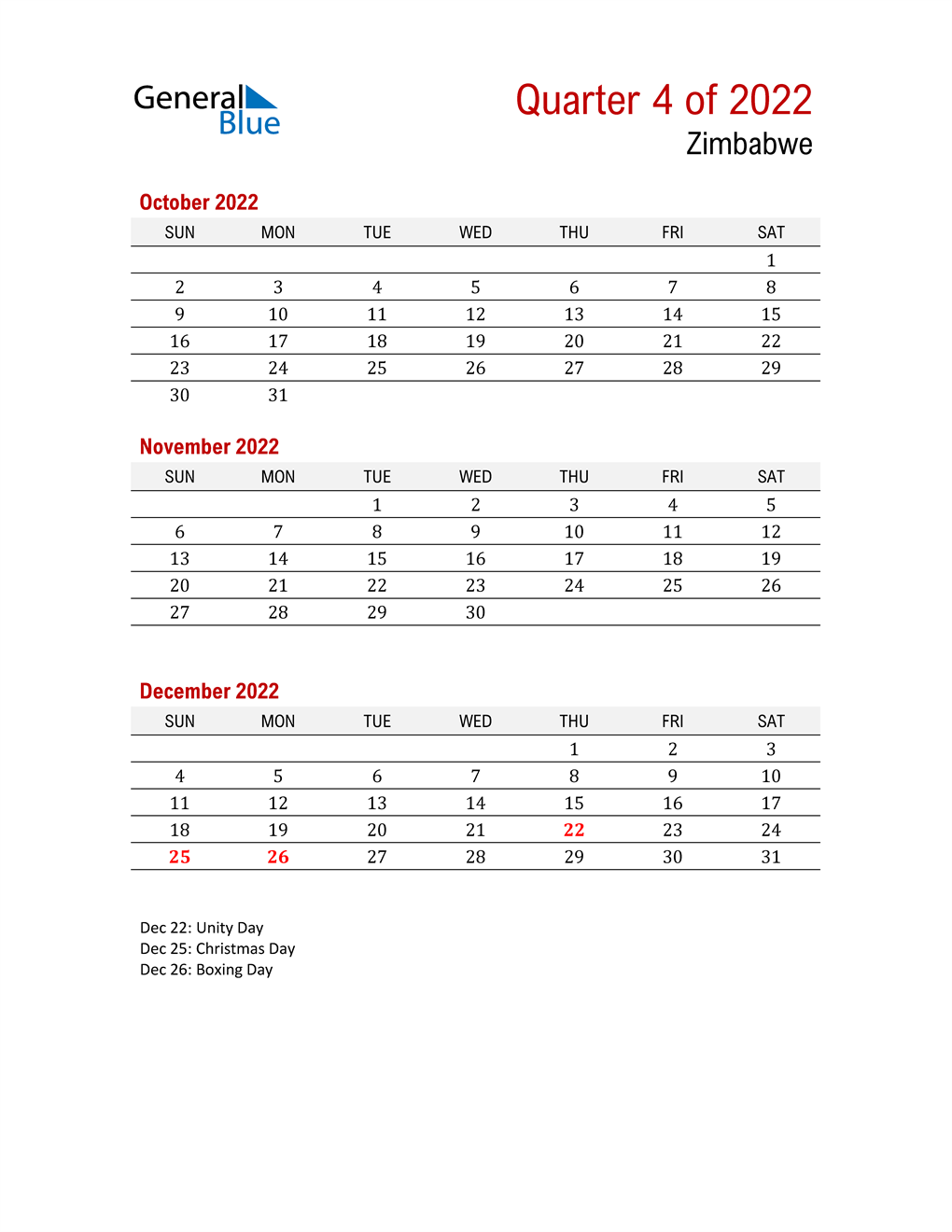  Printable Three Month Calendar for Zimbabwe