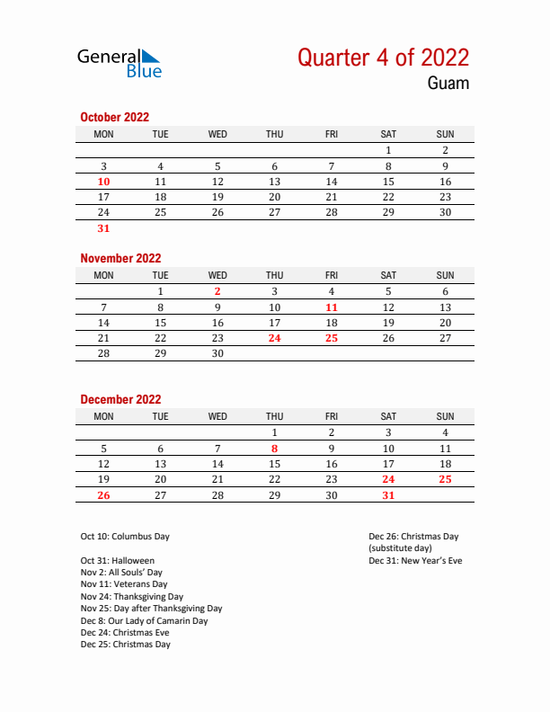 Printable Three Month Calendar with Guam Holidays