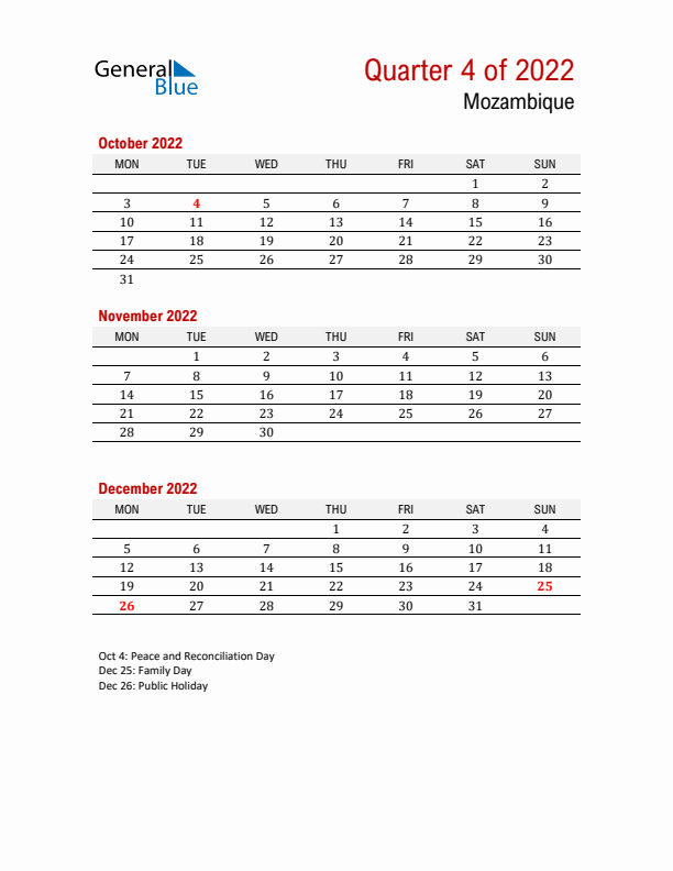 Printable Three Month Calendar with Mozambique Holidays