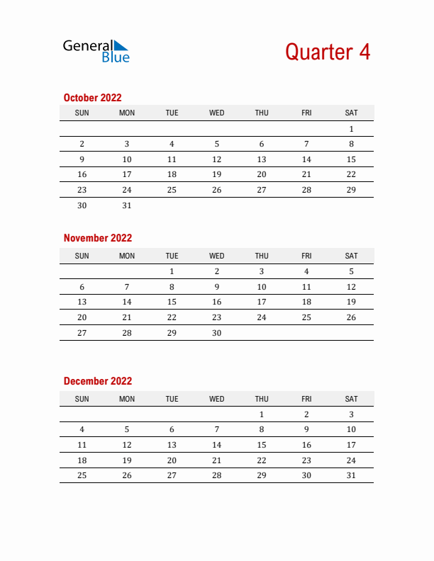 Three-Month Printable Calendar 2022