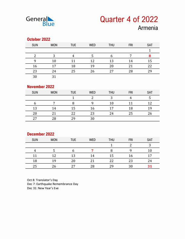 Printable Three Month Calendar with Armenia Holidays