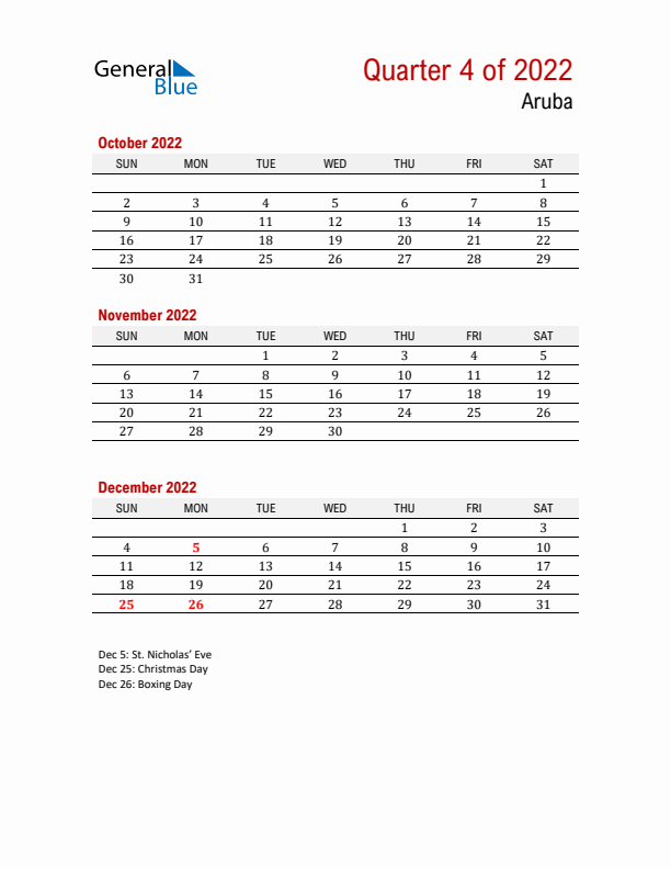 Printable Three Month Calendar with Aruba Holidays