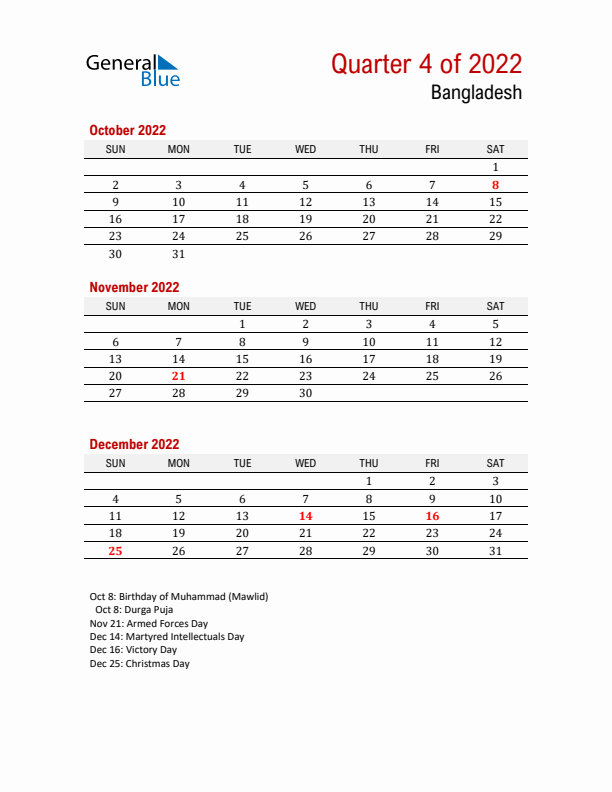 Printable Three Month Calendar with Bangladesh Holidays