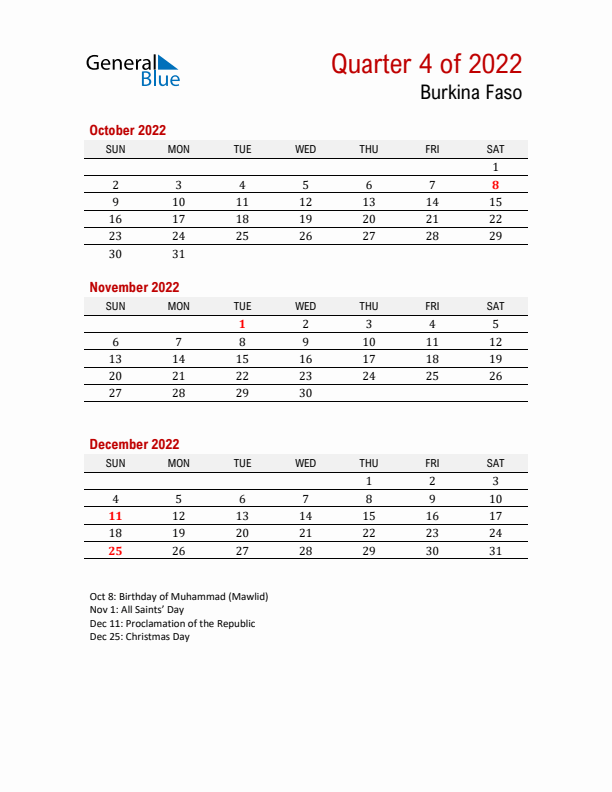 Printable Three Month Calendar with Burkina Faso Holidays