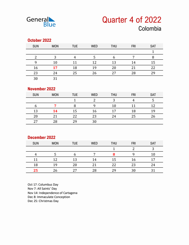 Printable Three Month Calendar with Colombia Holidays