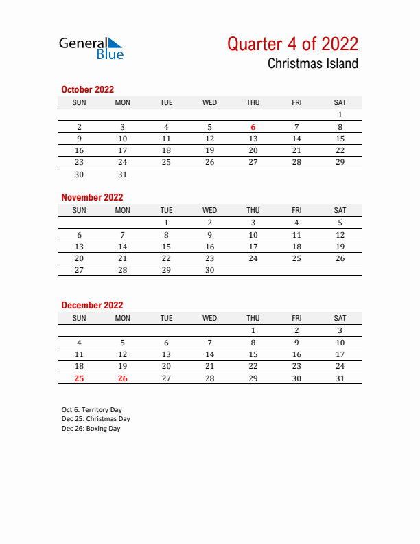 Printable Three Month Calendar with Christmas Island Holidays