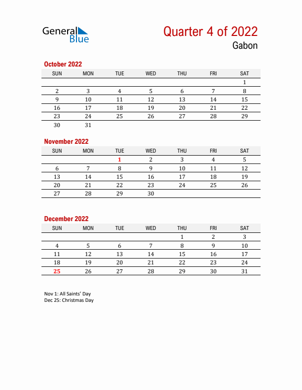 Printable Three Month Calendar with Gabon Holidays