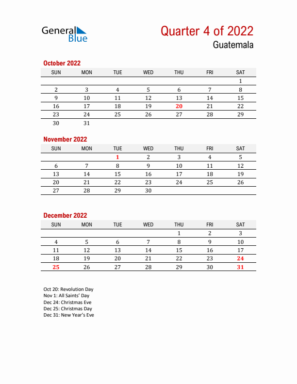 Printable Three Month Calendar with Guatemala Holidays