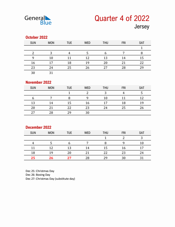 Printable Three Month Calendar with Jersey Holidays