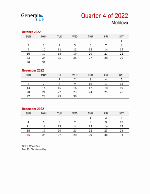 Printable Three Month Calendar with Moldova Holidays