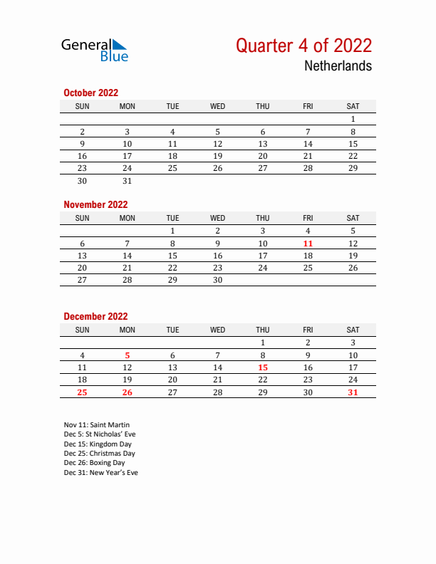 Printable Three Month Calendar with The Netherlands Holidays