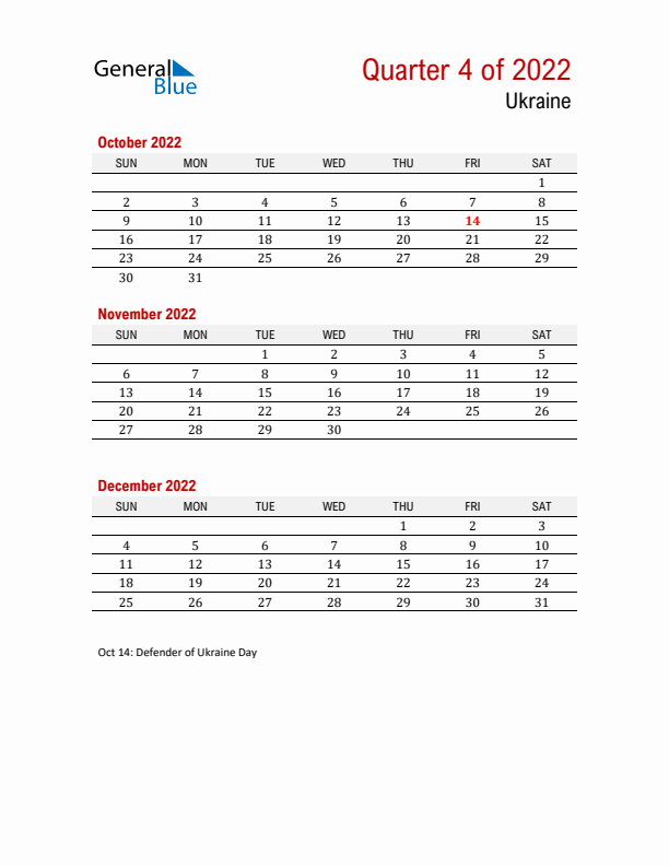 Printable Three Month Calendar with Ukraine Holidays