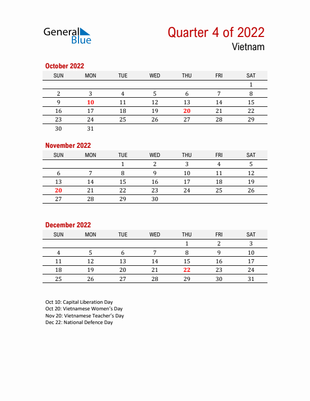 Printable Three Month Calendar with Vietnam Holidays