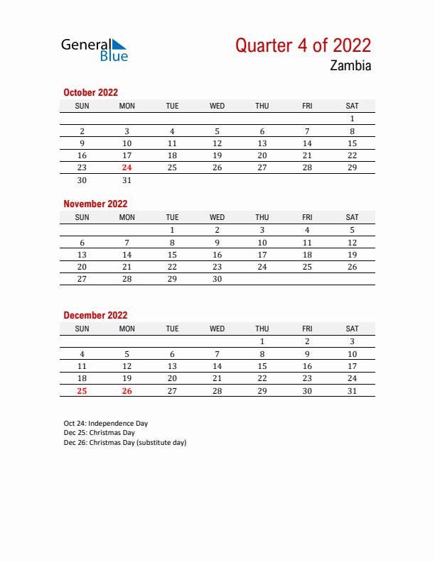 Printable Three Month Calendar with Zambia Holidays