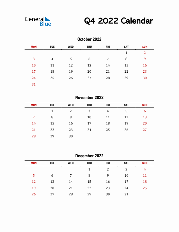 2022 Q4 Calendar with Red Weekend