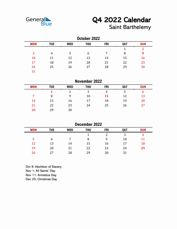 2022 Q4 Calendar with Holidays List for Saint Barthelemy