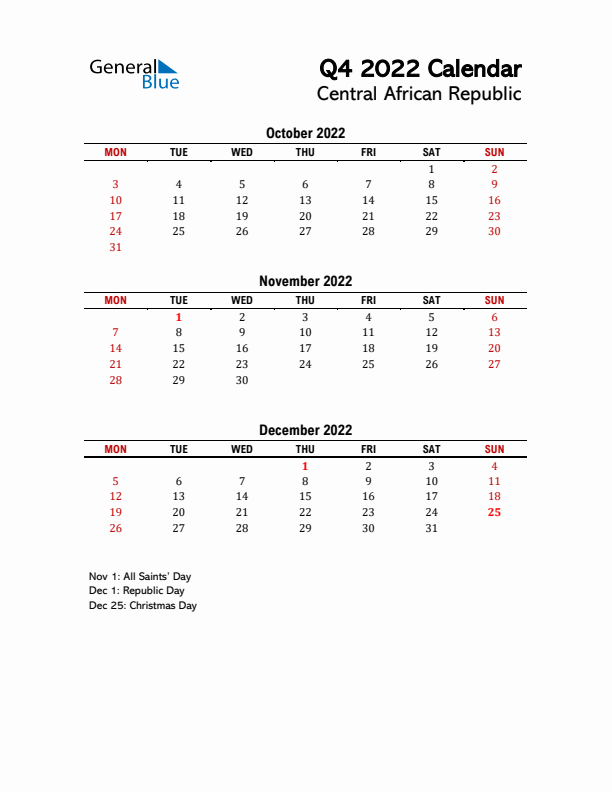 2022 Q4 Calendar with Holidays List for Central African Republic