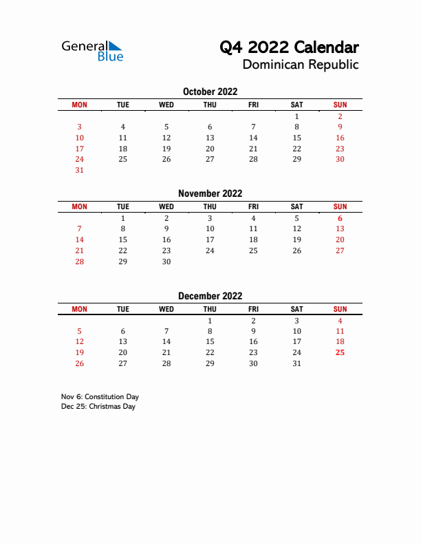 2022 Q4 Calendar with Holidays List for Dominican Republic