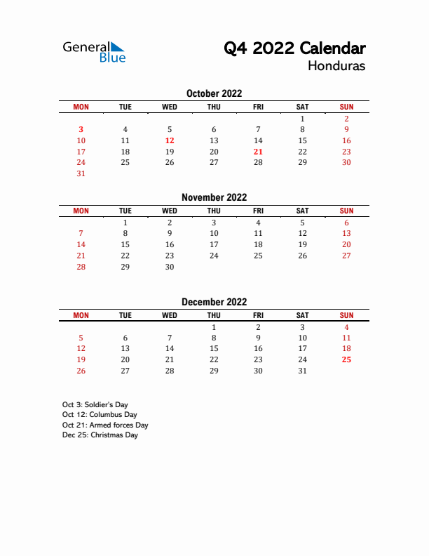 2022 Q4 Calendar with Holidays List for Honduras