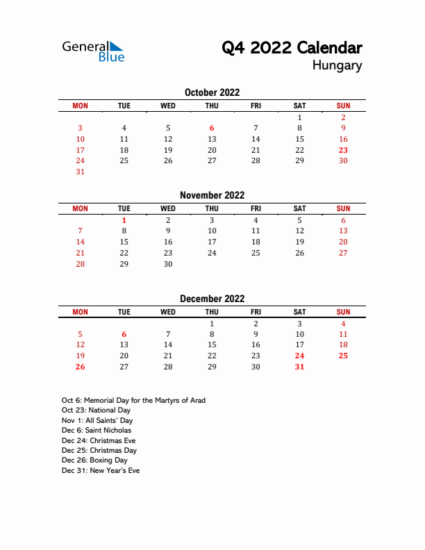 2022 Q4 Calendar with Holidays List for Hungary