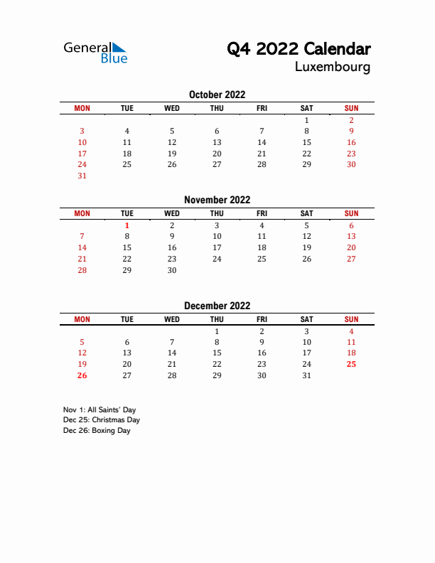 2022 Q4 Calendar with Holidays List for Luxembourg