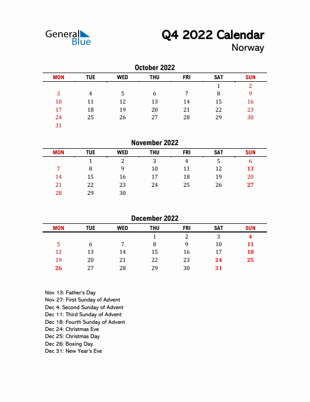 2022 Q4 Calendar with Holidays List for Norway
