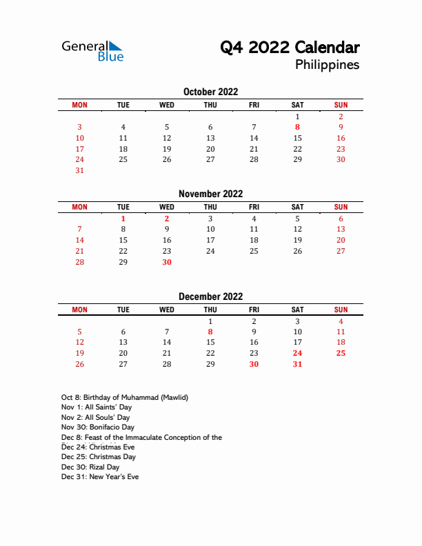 2022 Q4 Calendar with Holidays List for Philippines